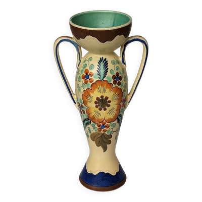 Vase Amphore Céramique Gouda Holland - Rubens motif fleurs peintes à la main - Modèle 1035