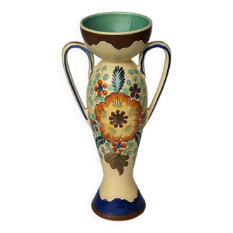 Vase Amphore Céramique Gouda Holland - Rubens motif fleurs peintes à la main - Modèle 1035