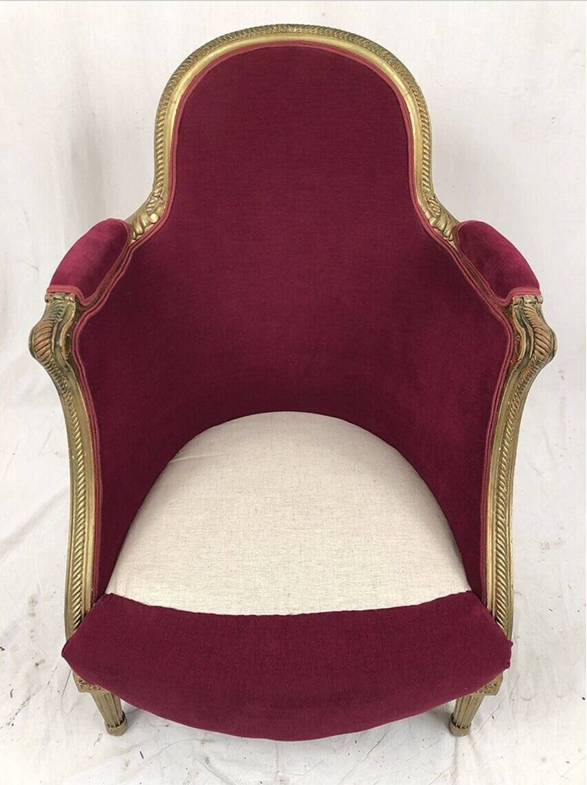 Bergère in gilded wood trimmed with fuchsia silk and velvet, art deco inspired by Louis XVI