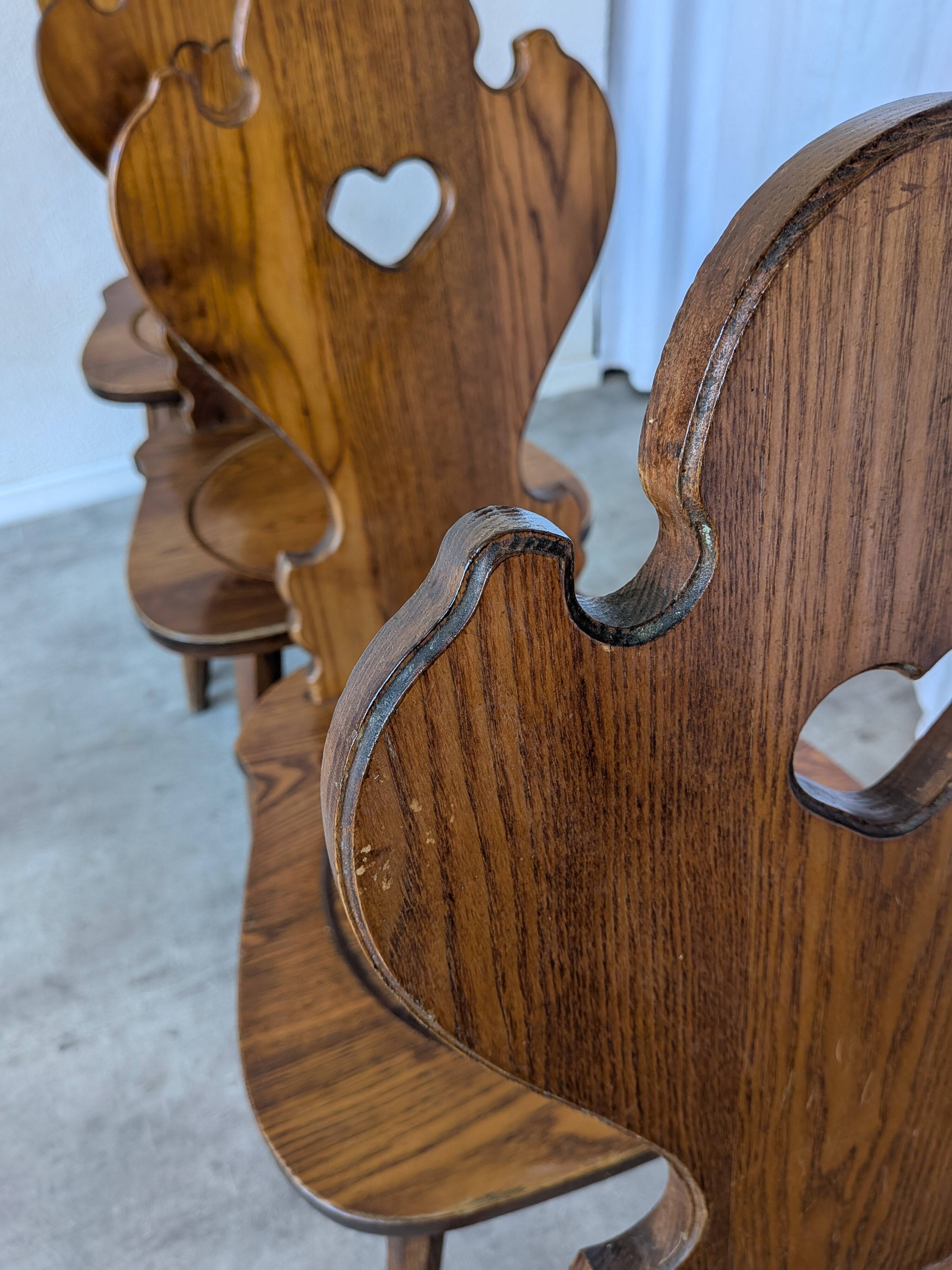 Set of 8 Farmhouse Tyrolean Chair with Heart Cutout Back / 1970s Vintage Di