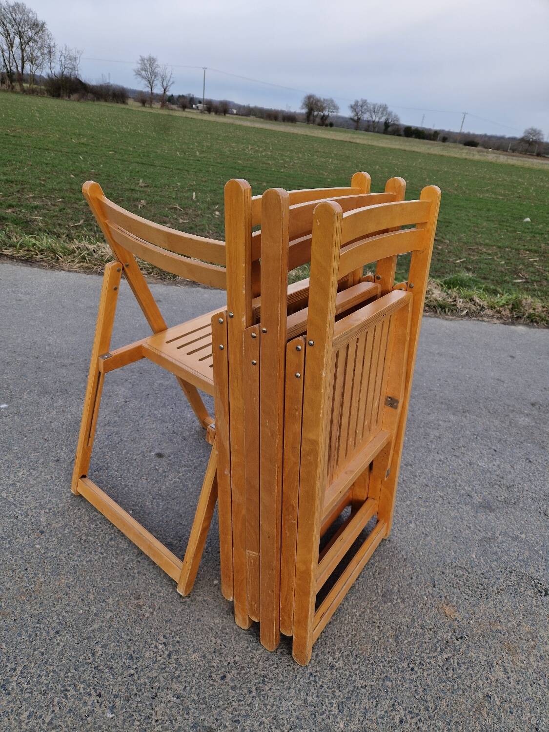 Set of 4 Folding Chairs in Wood and Plywood