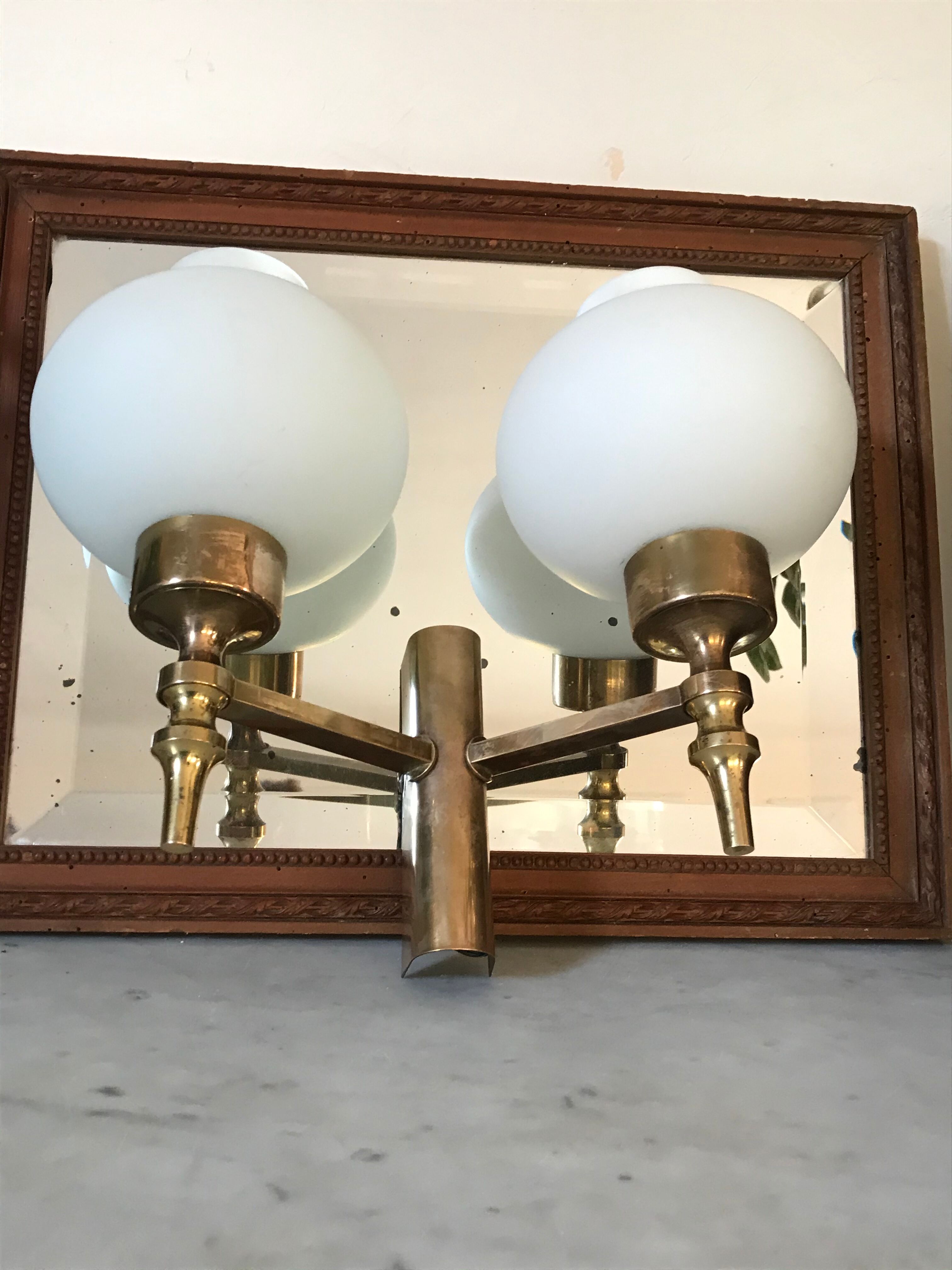 Double brass and opaline wall light