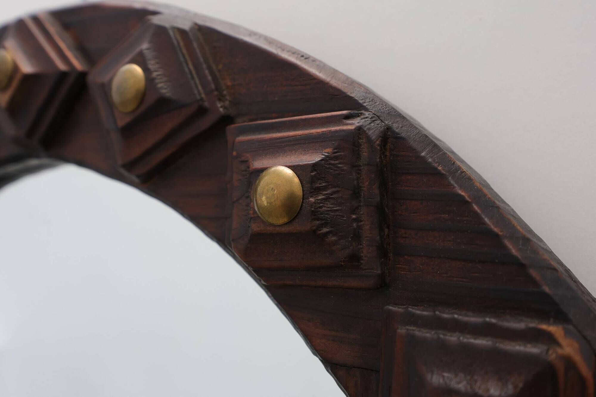 Spanish Brutalist Oval Mirror in Hand-Carved Wood with Brass Studs