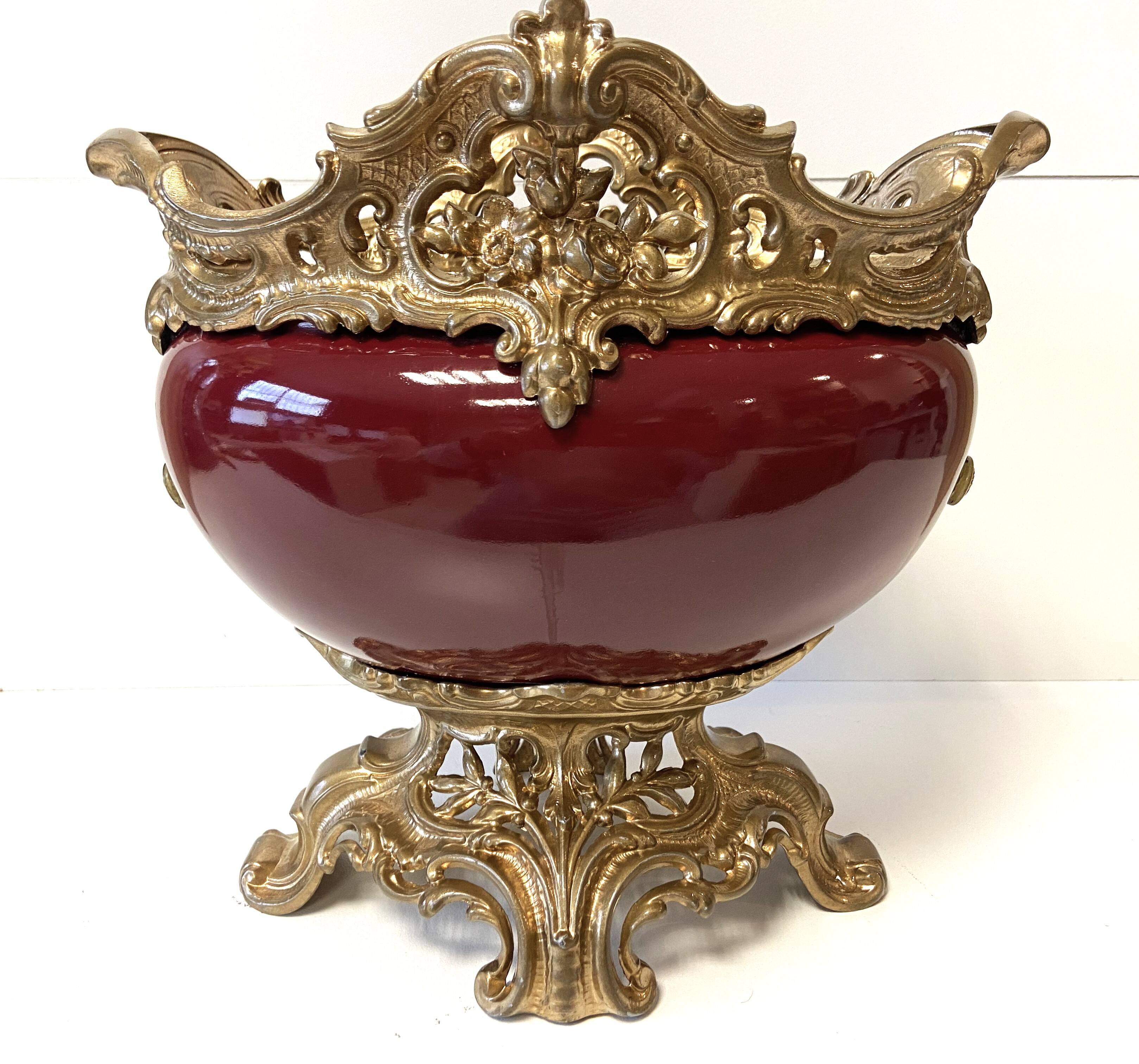 Antique Napoleon III Centrepiece Jardinière in Gilded Metal and Faience