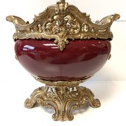 Antique Napoleon III Centrepiece Jardinière in Gilded Metal and Faience