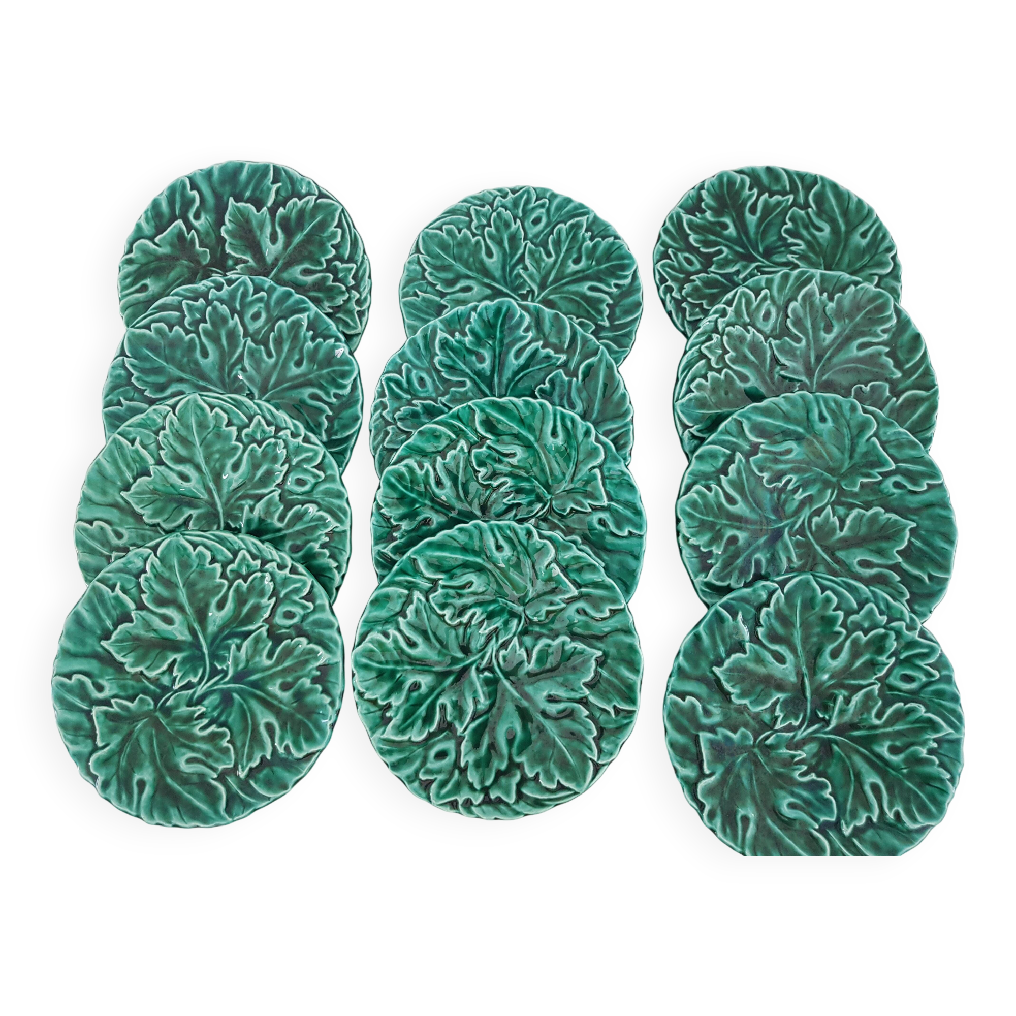 Set of 12 Green Majolica Leaf Plates Sarreguemines Digoin 1930