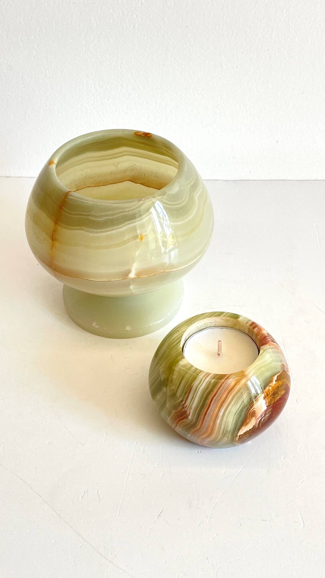 2 70s design onyx candle holders