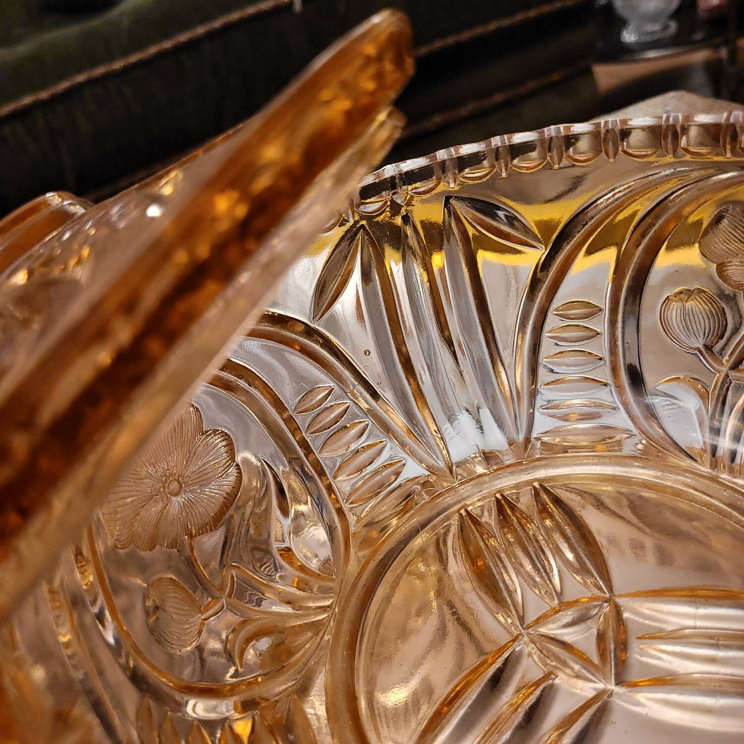 Cut amber glass candy dish – France, 1950s