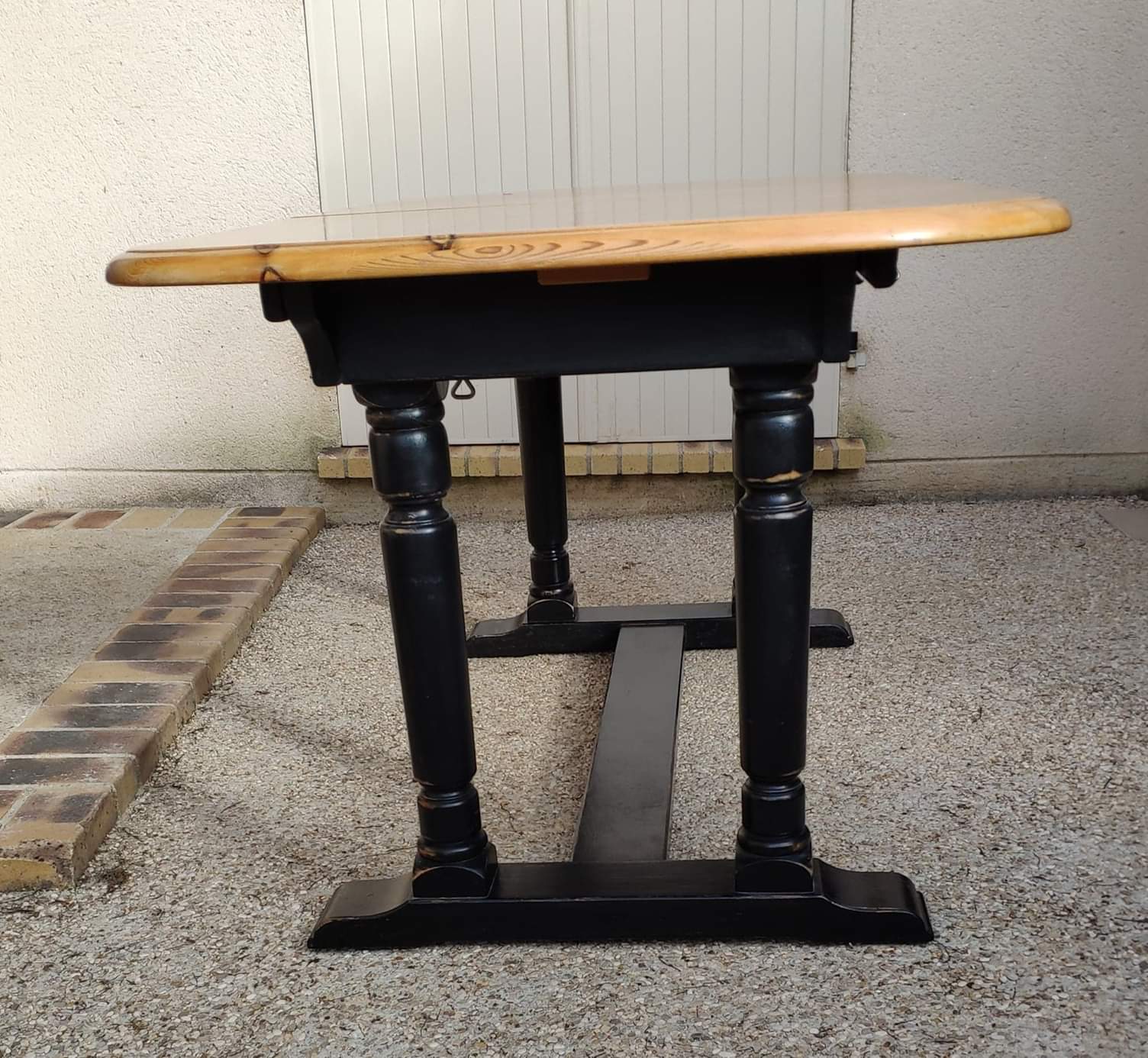 Table set and 6 solid pine chairs repainted and patinated black