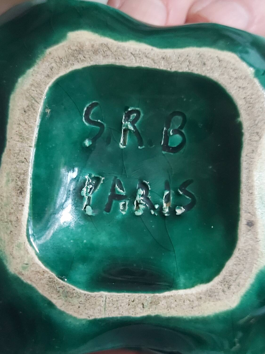 Ancien cendrier céramique vert doré signé SRB paris