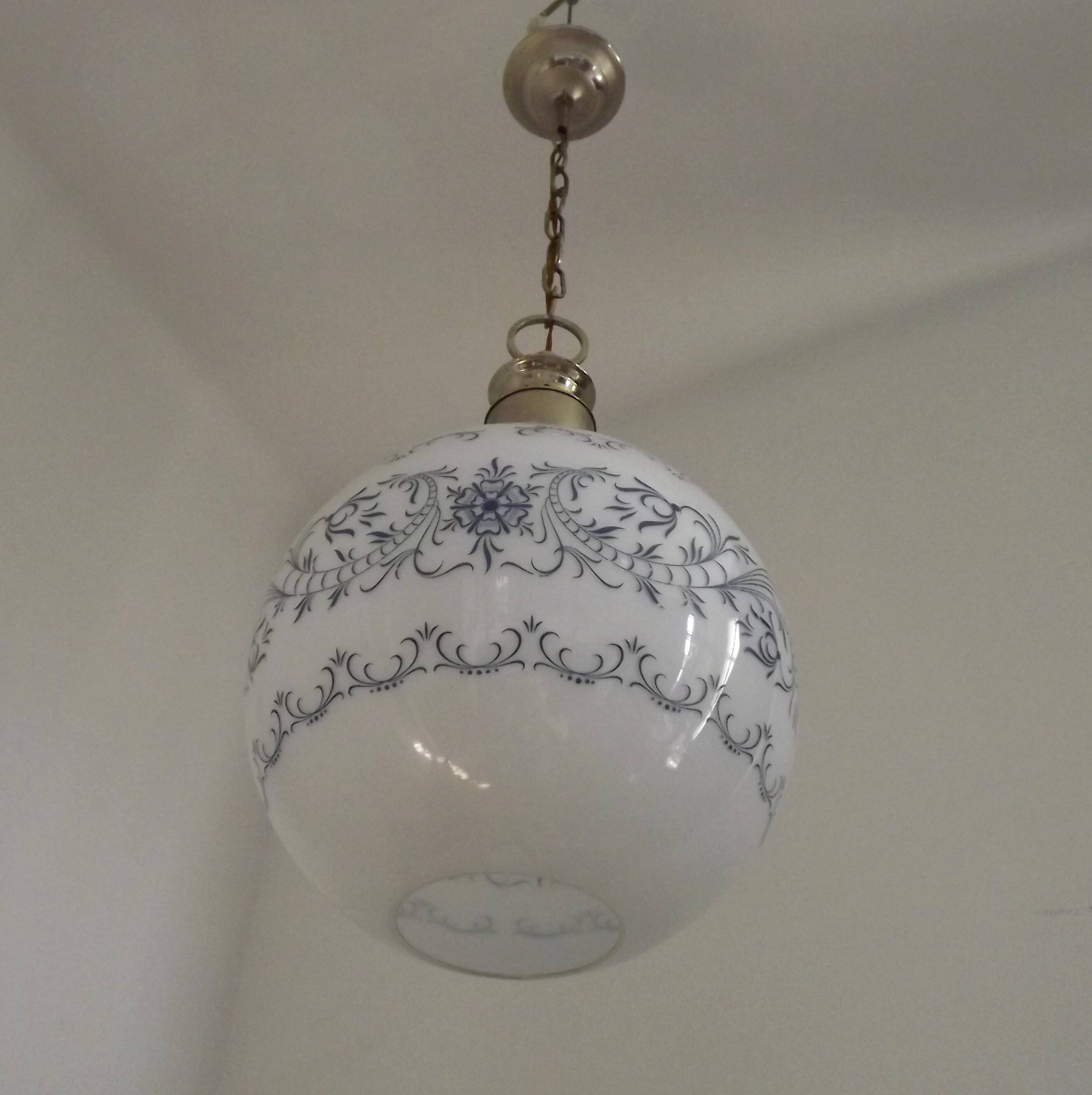 French Mid-Century Globe Pendant, Blue Pattern Shade, Vintage Hanging Light