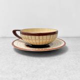 Vintage Longchamp Cup with Saucer – Cream and Brown Checkered Earthenware
