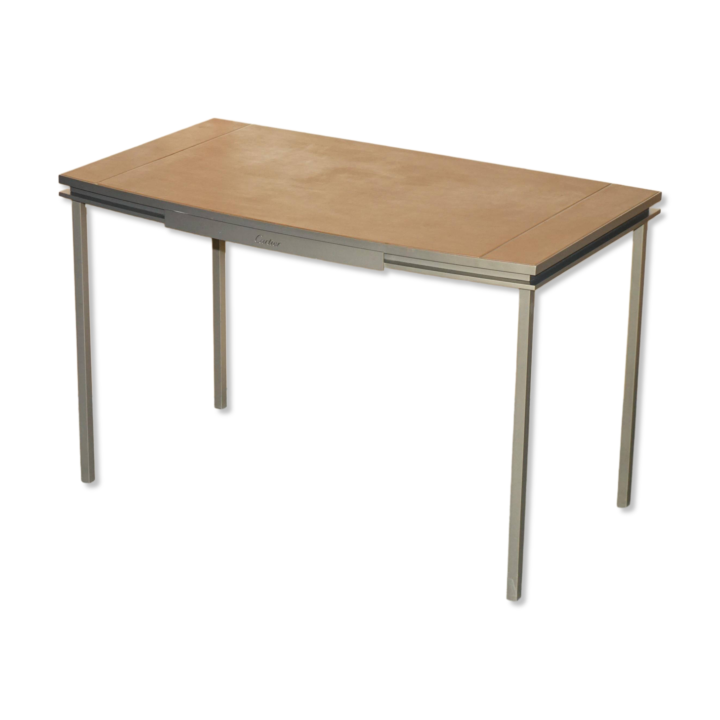 Modern mid-century writing desk signed Cartier in bronze and leather.
