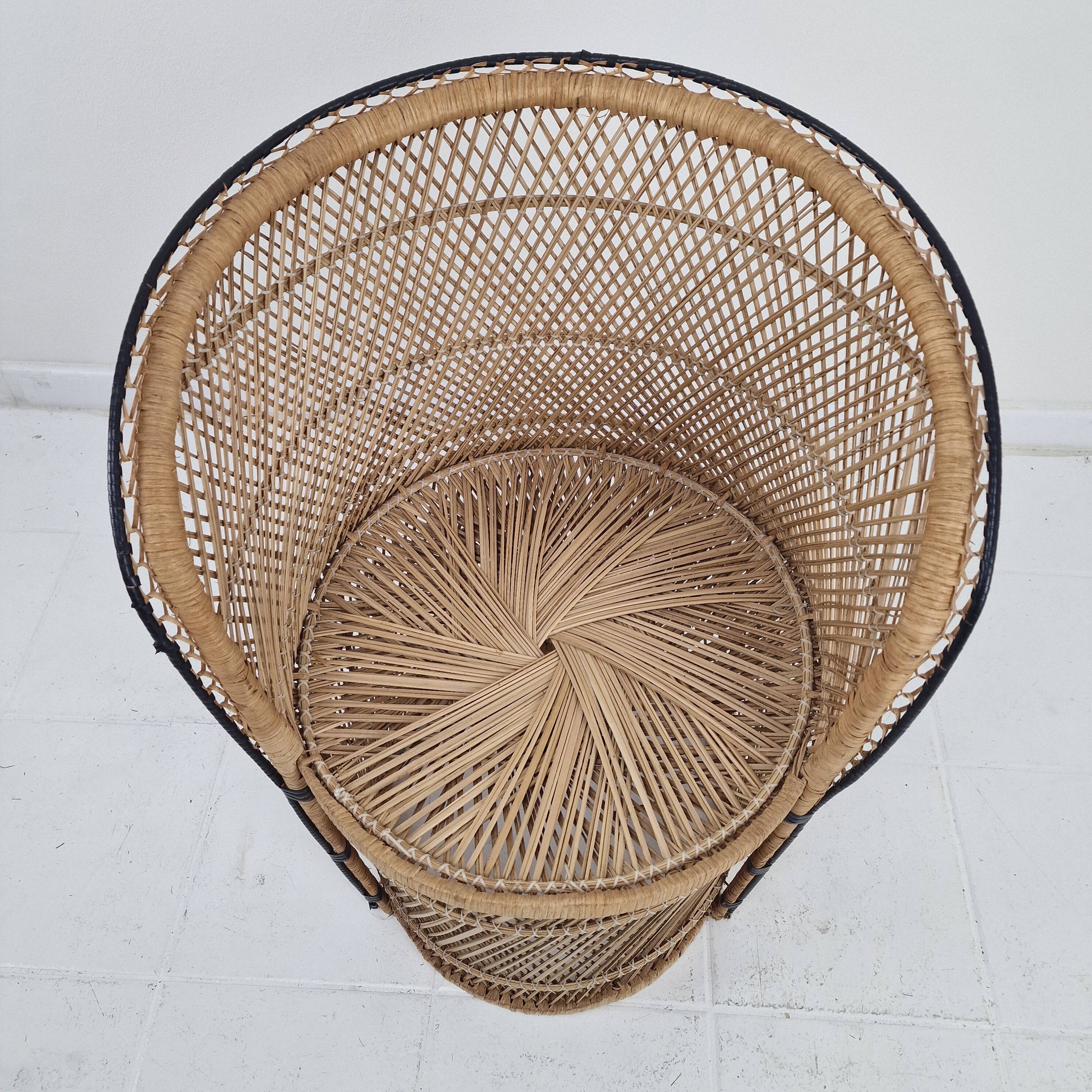 Boho Chic Rattan Barrel Chair with Custom Outdoor Cushion 1970's