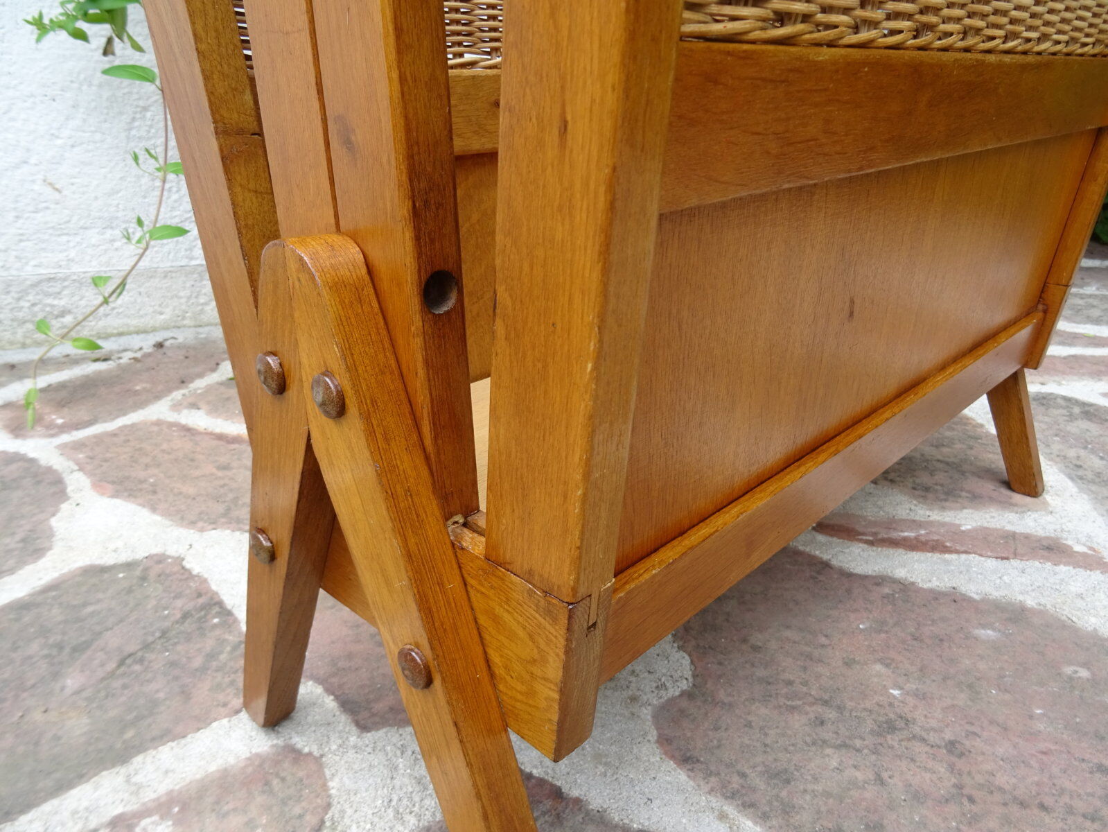 Oak and rattan magazine rack