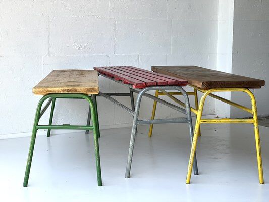 Red industrial pine bench, 1970s