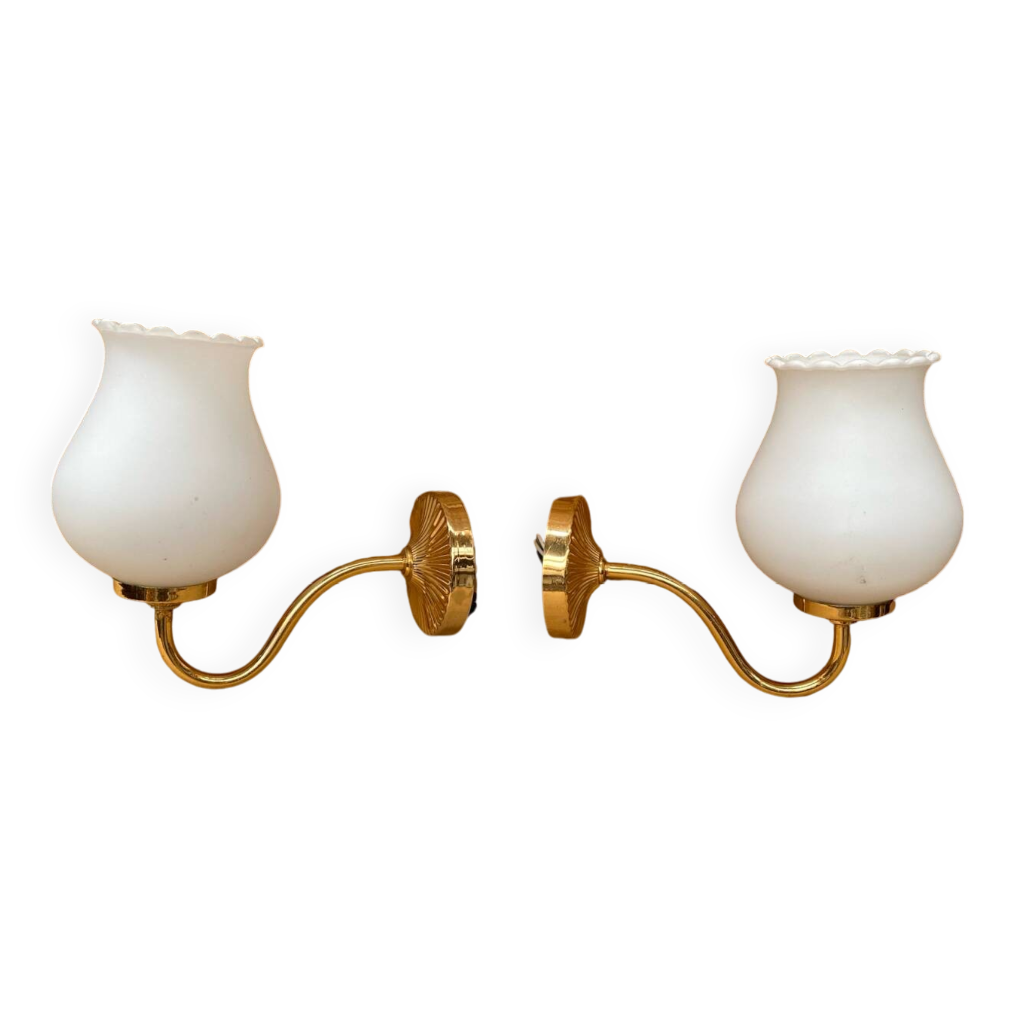 Pair of Antique Wall Lamps in Gold Metal + Vintage White Opaline