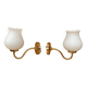 Pair of Antique Wall Lamps in Gold Metal + Vintage White Opaline