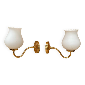 Pair of Antique Wall Lamps in Gold Metal + Vintage White Opaline