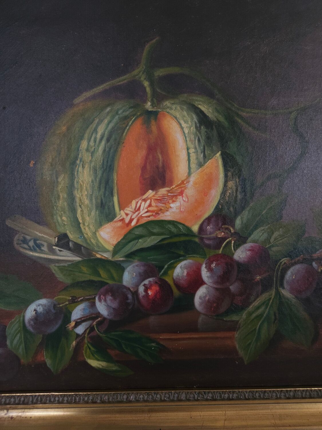 Still life, oil on canvas, melon and grapes.
