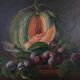 Still life, oil on canvas, melon and grapes.
