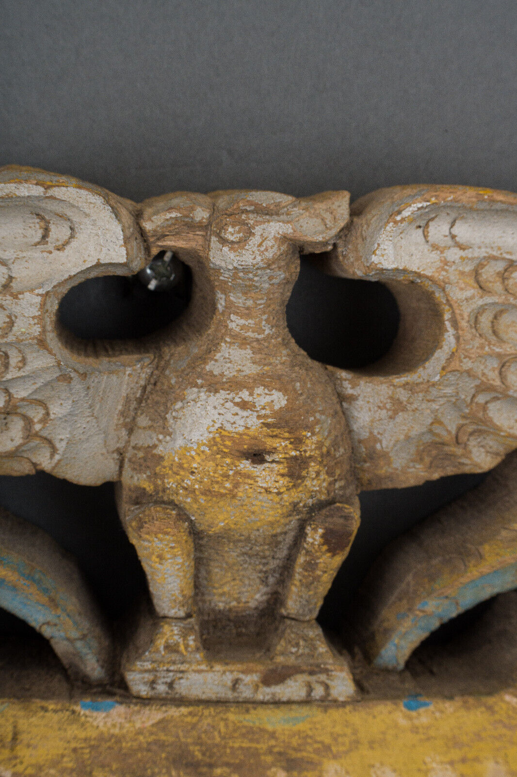 Polychrome carved wooden element decoration of winged animals XXth India