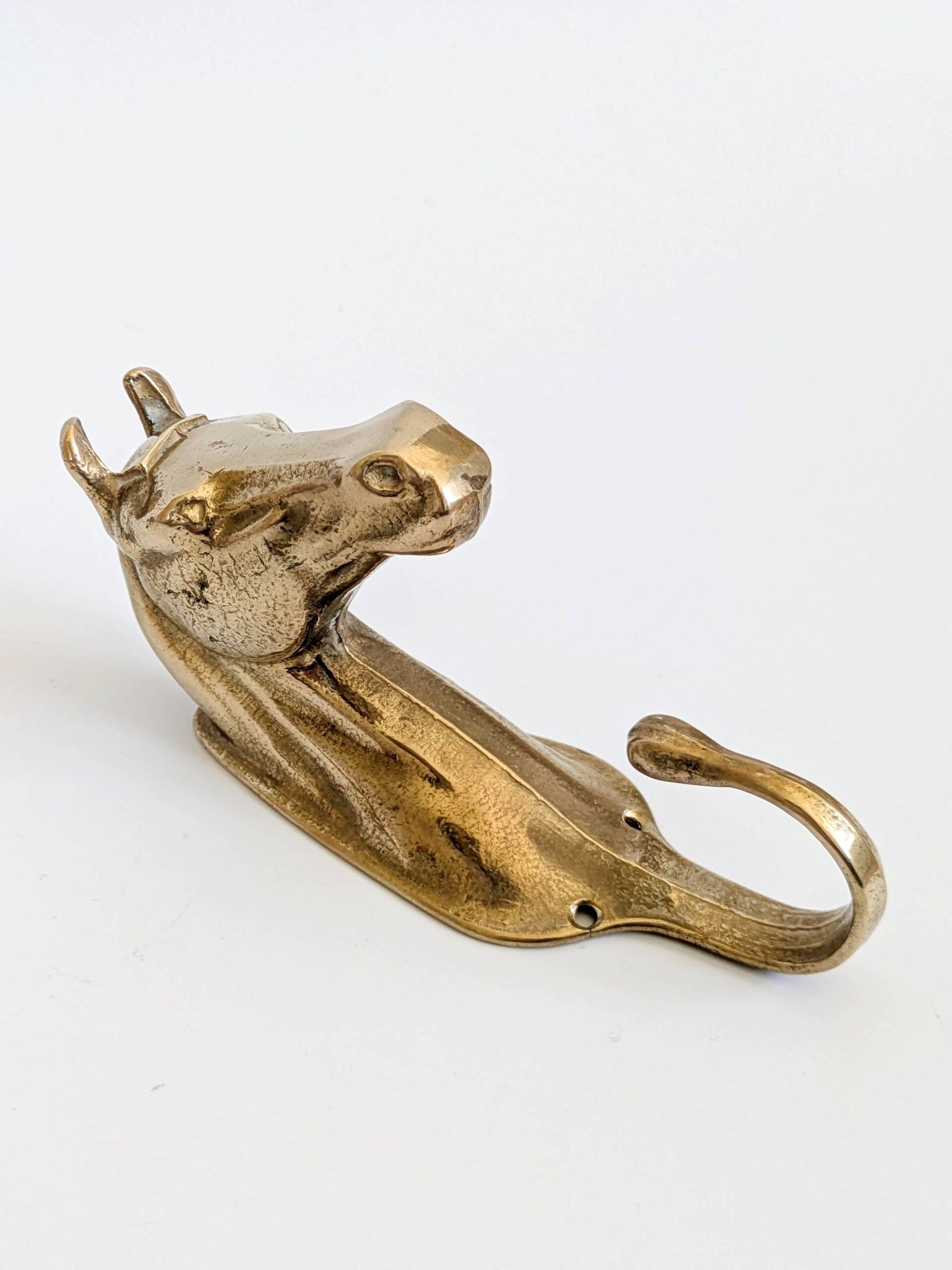 Set of 3 brass wall hooks horse head vintage coat hangers