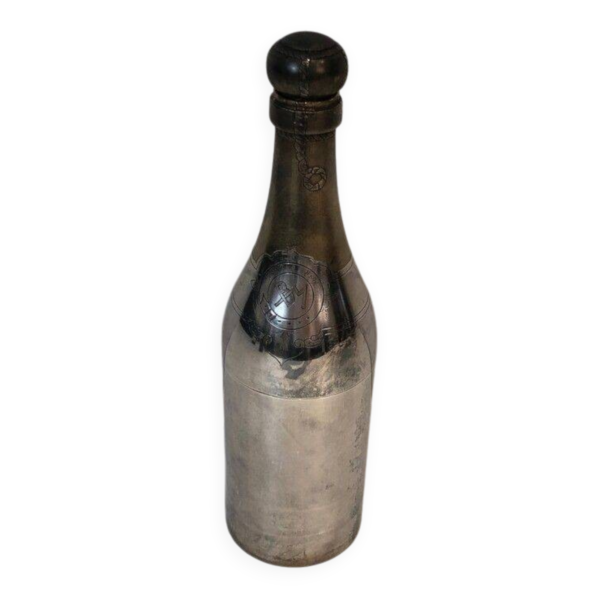 Rare silver-plated and brass shaker in the shape of a champagne bottle
