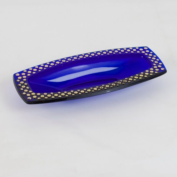 Cobalt blue glass cup gilded relief decoration, rectangular, 1960