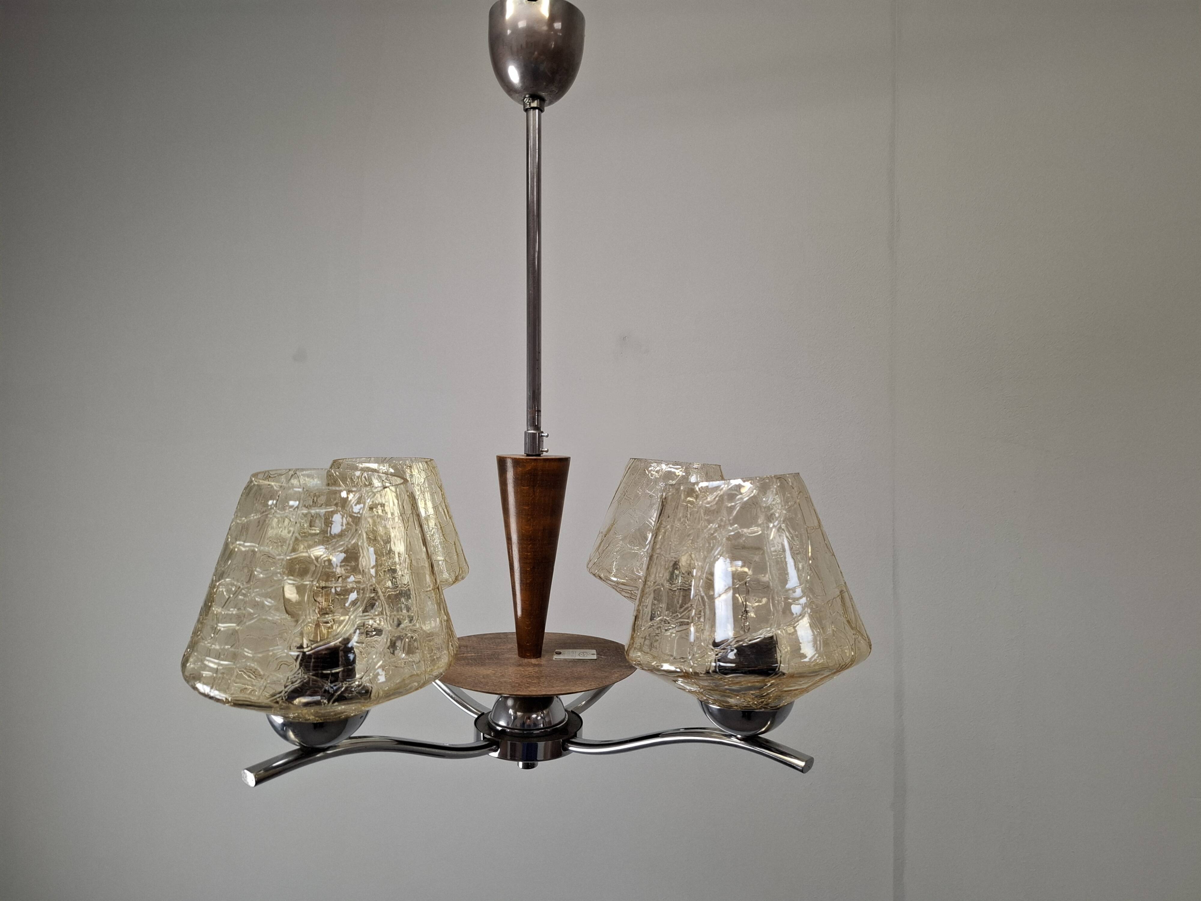 1960s Napako Mid-Century Modern Czech Four-Arm Glass Wood Chrome Chandelier