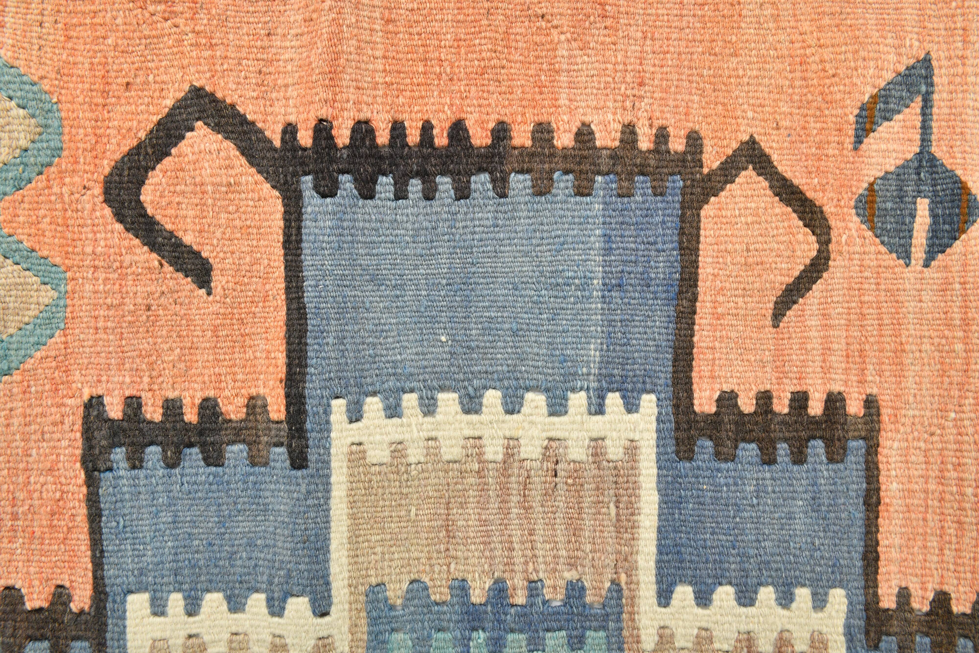Faded Blue & Soft Peach Long Wide Handmade Kilim Rug, 168x296 Cm