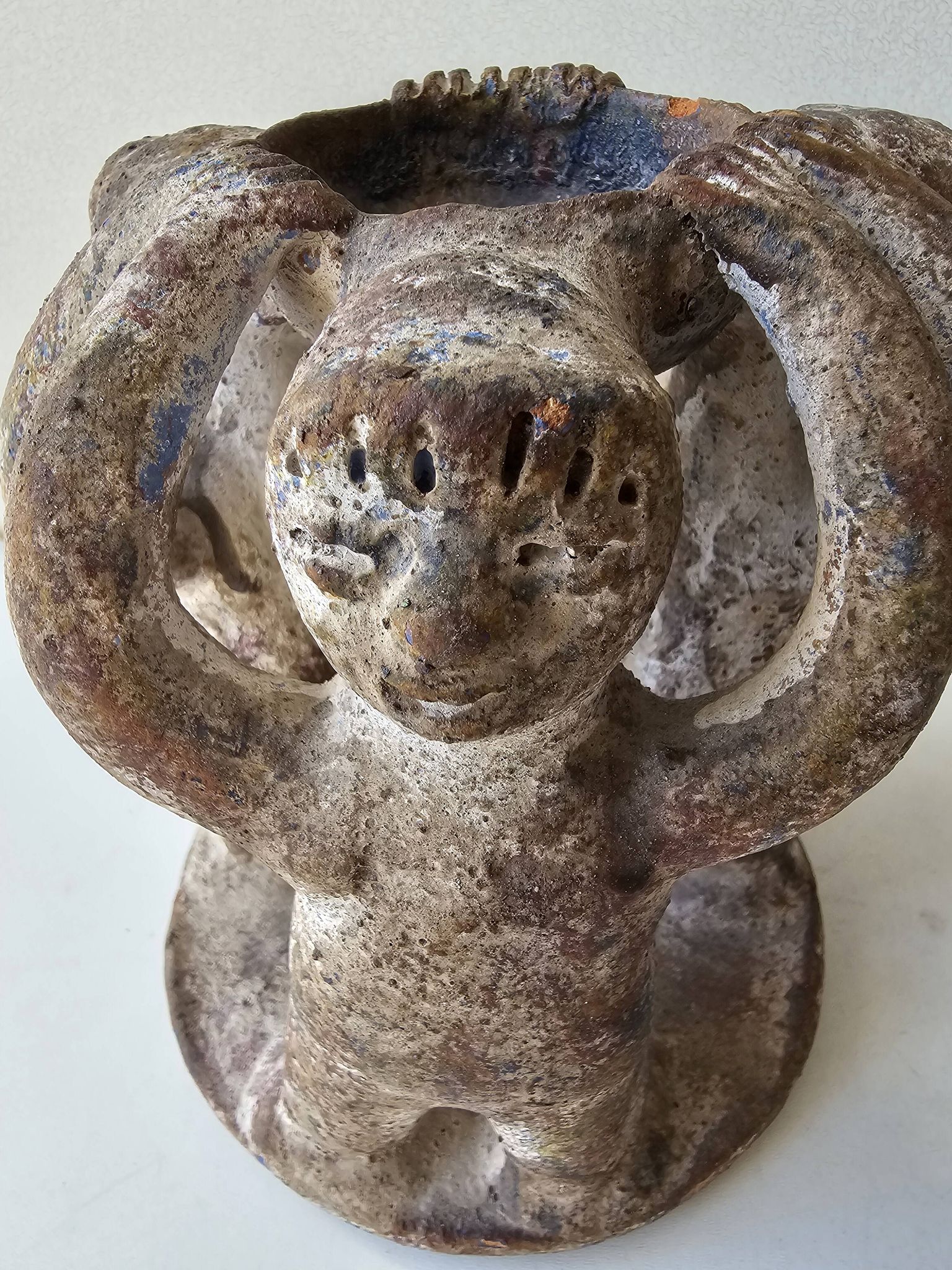 Terracotta Candle Holder Dancing 3 Aztec Characters - Tribal Art