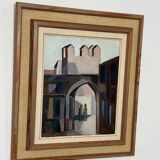 Original mid-century Swedish oil on canvas – “Entrance” by Reuben Hedin – vintage & framed – 55 × 63 cm