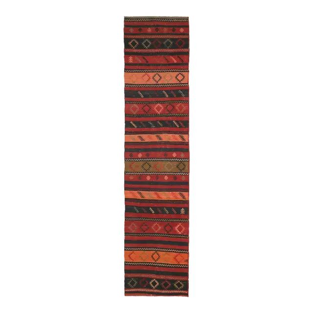 Vintage Turkish Hand-Knotted Wool Cotton Red Runner Rug 81x380