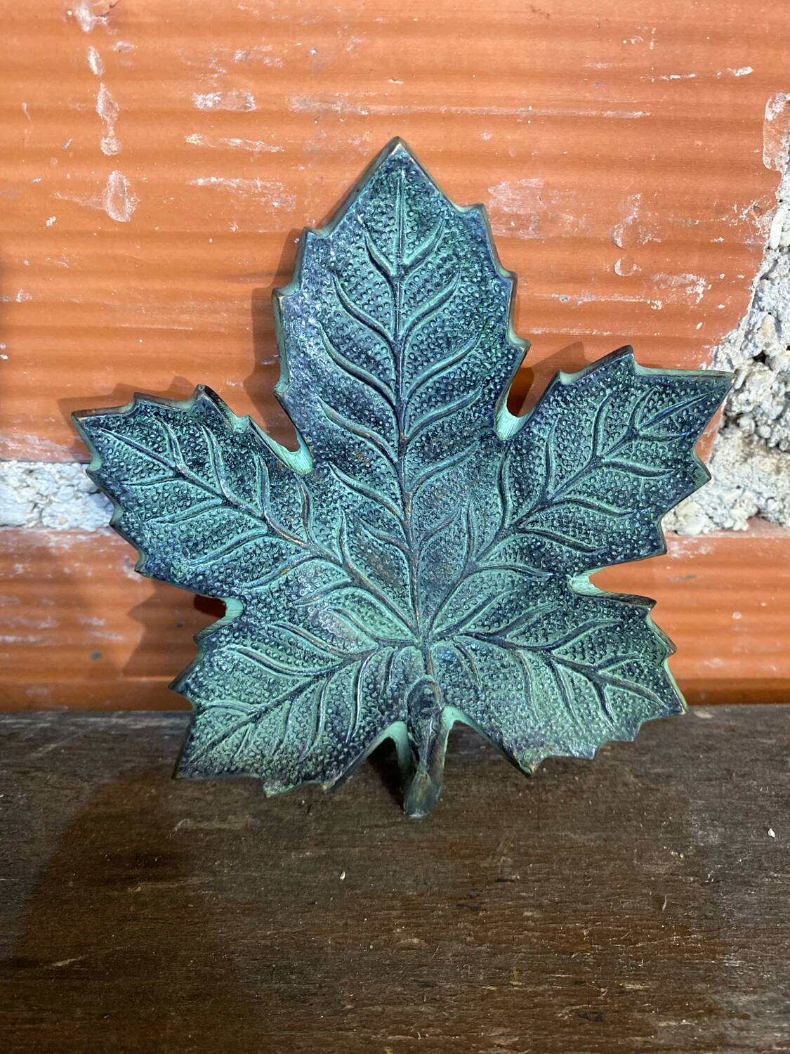 Vintage Greenish-Gray Metal Leaf-Shaped Empty Pocket Bowl