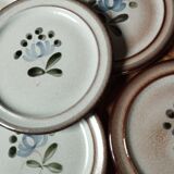 Dessert plates, beige stoneware with blue/gray flowers, by MBFA Pornic, Fanchon model, set of 6