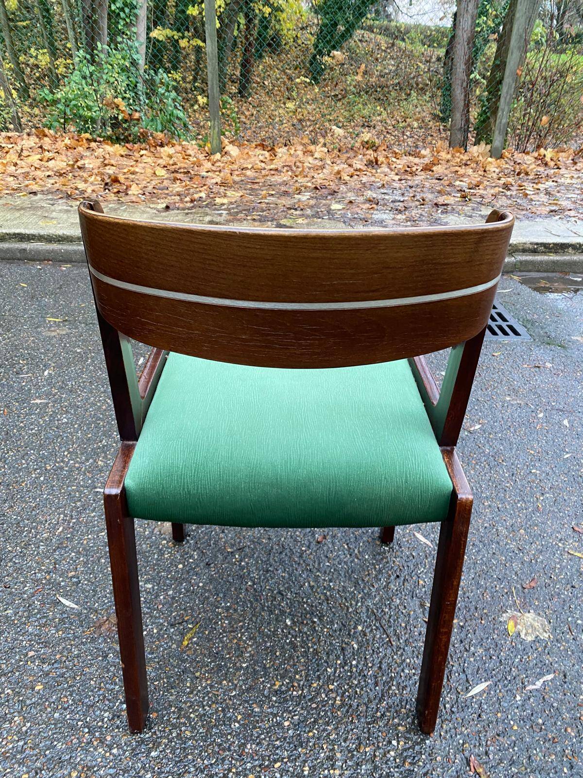 Scandinavian dining table and 4 Hans Olsen style chairs in teak and velvet.