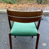 Scandinavian dining table and 4 Hans Olsen style chairs in teak and velvet.