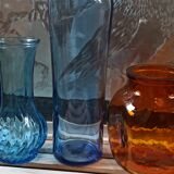 Trio vintage vase bottle and jar in amber and blue glass