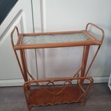 vintage rattan magazine rack with glass top, missing a rim of the magazine rack