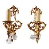 2 bougies antiques en bronze et cristal de roche et appliques à une lumière dans un style classique