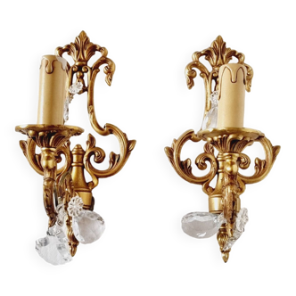 2 antique bronze and rock crystal candles and one light sconces in classic style