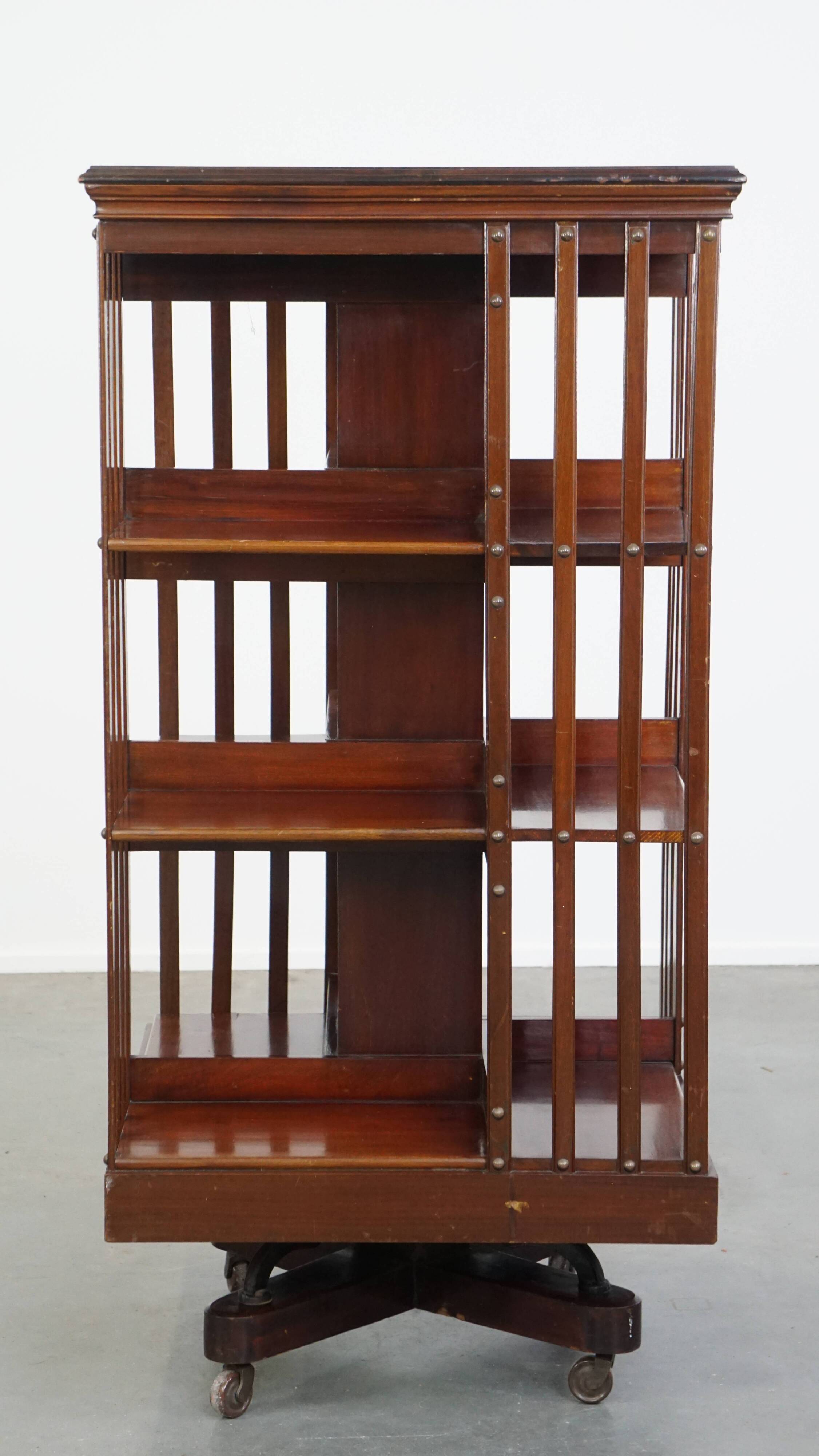 Large Antique Wooden English Book Carousel with Cast Iron Base