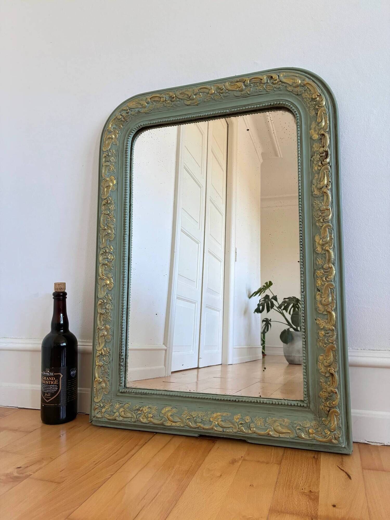 Large antique French Louis Philippe mirror – green and gold, late 19th century