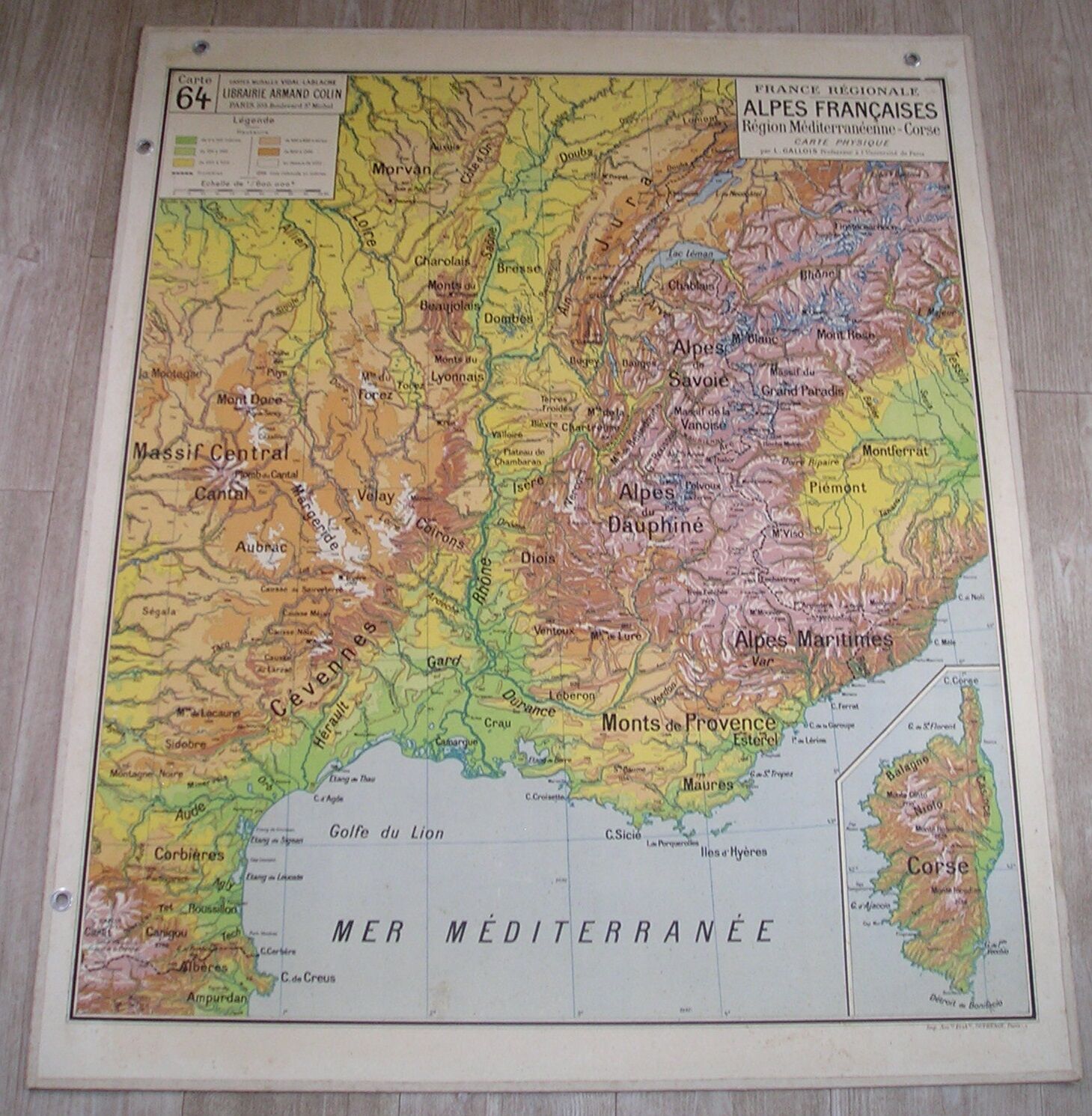 Vidal Wall School Map No.64 French Alps Mediterranean Region Corsica