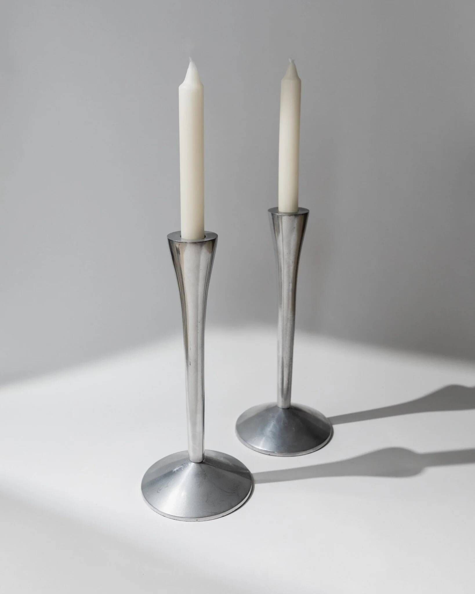 Set of 2 Stainless Steel Vintage Candle Holders, Silver Finish, Space Age Italian Design (1970s)