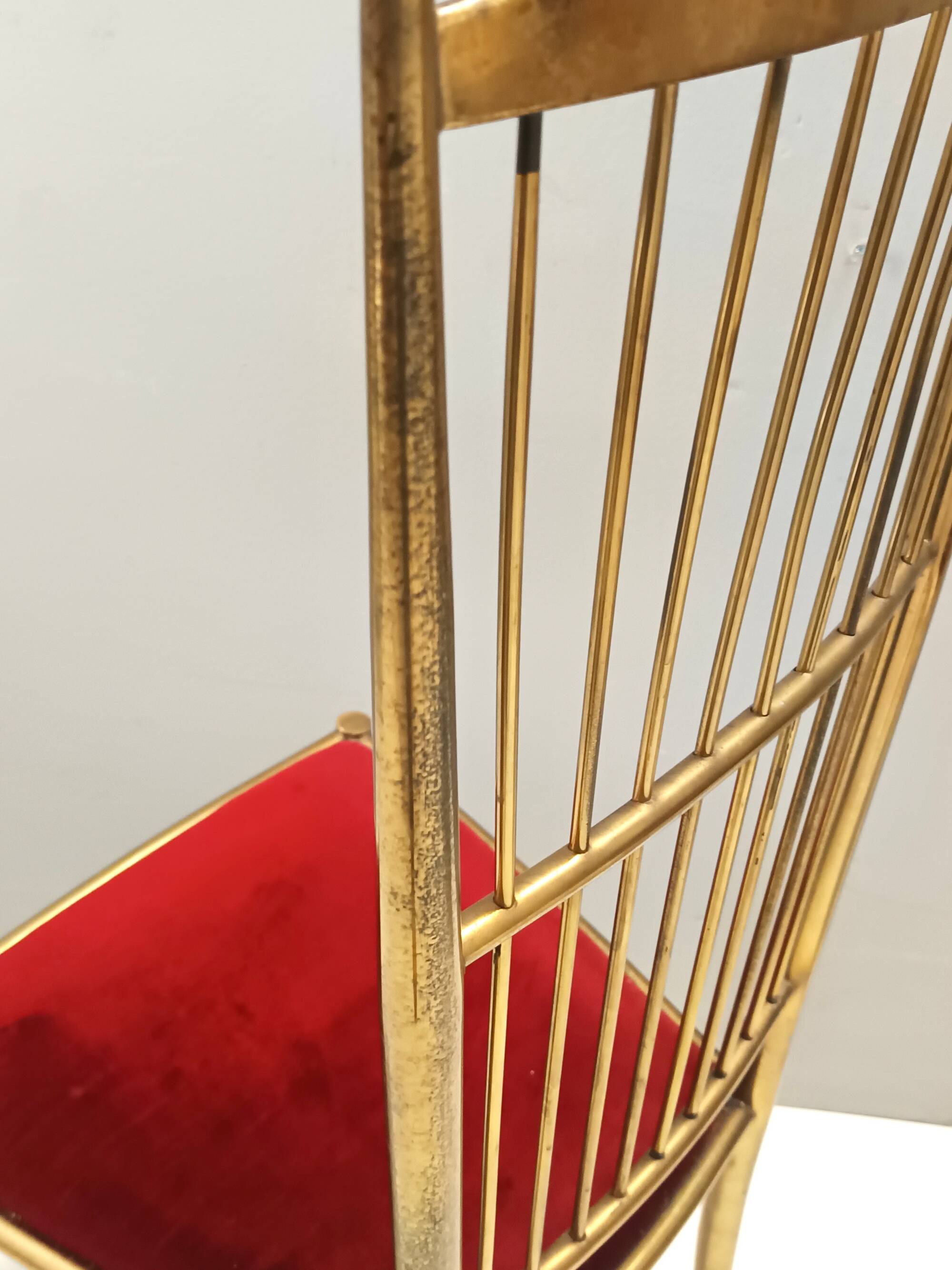 Pair of Vintage Brass and Red Velvet Chiavarine Chairs, Italy