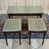 English nesting tables in mahogany and leather top under glass - work from the 1950s