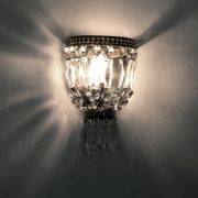 Pair of vintage bronze basket wall lights with glass pendants. The 50's