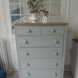 Vintage chest of drawers green gray, 5 drawers, wooden top.